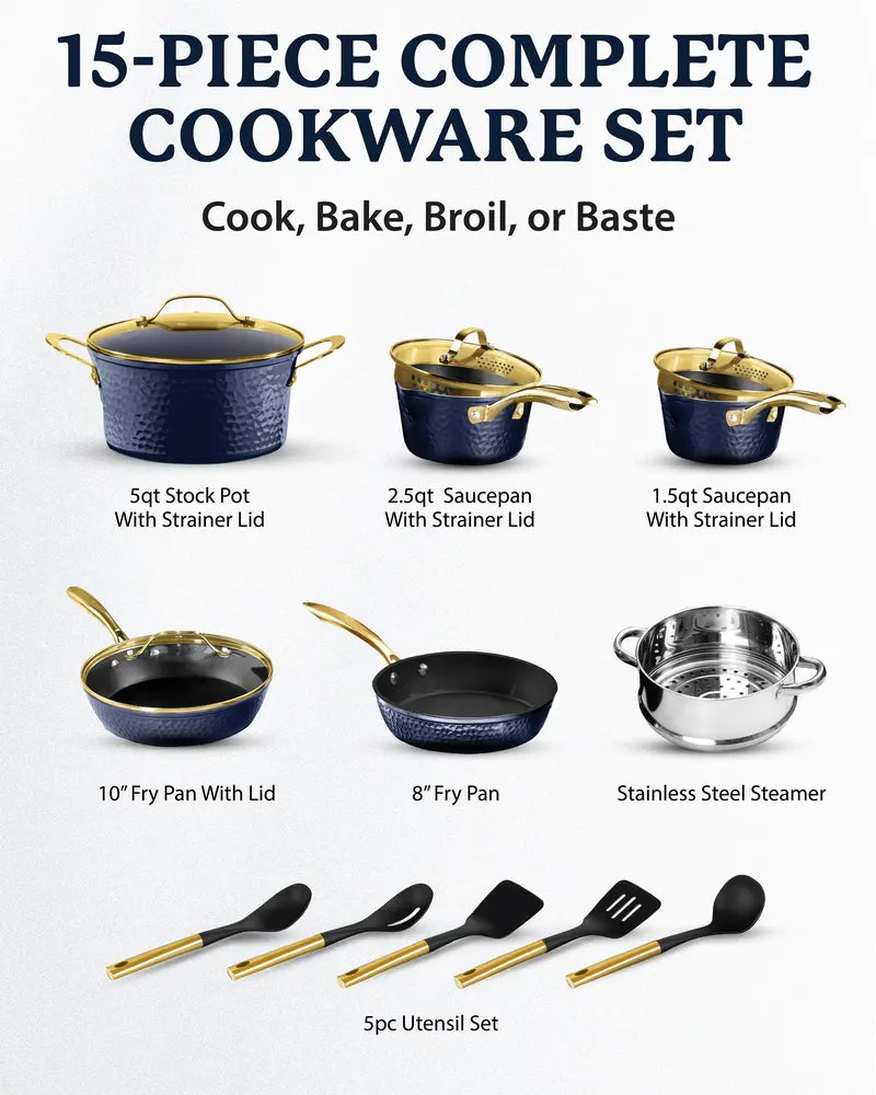 15-Piece Hammered Cookware Set | Pots, Fry Pans, and Utensils