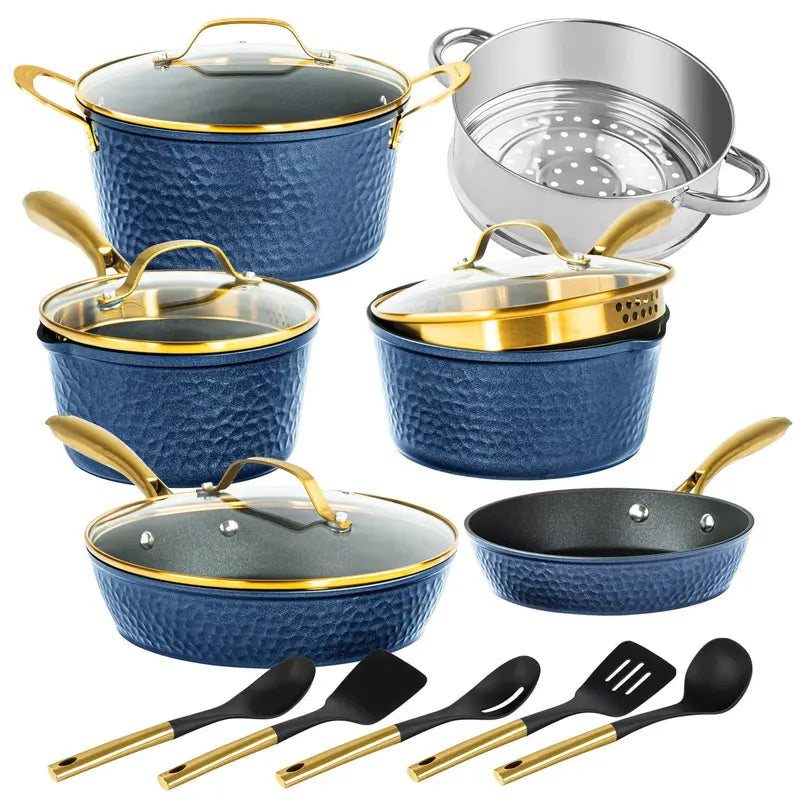 15-Piece Hammered Cookware Set | Pots, Fry Pans, and Utensils